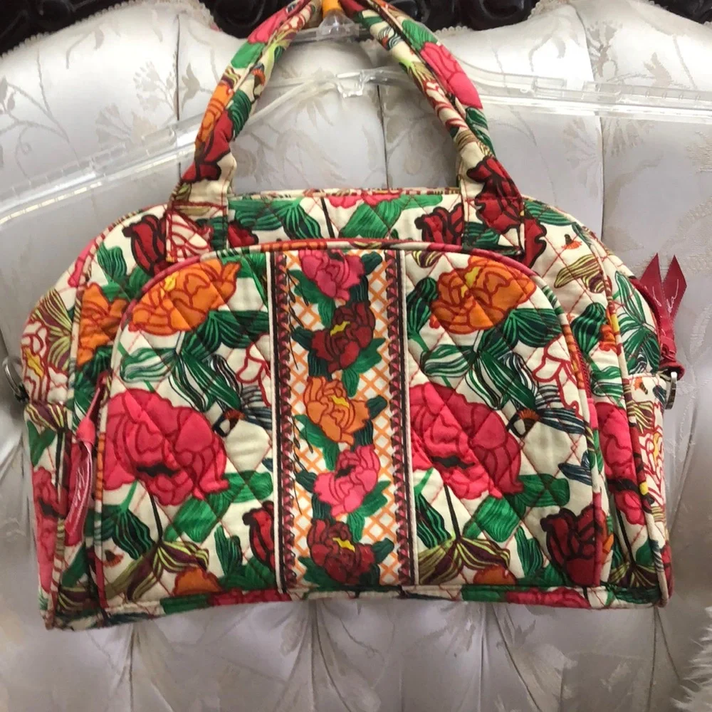 Quilted Floral Accent Hand Bag in Cream, Red & Green